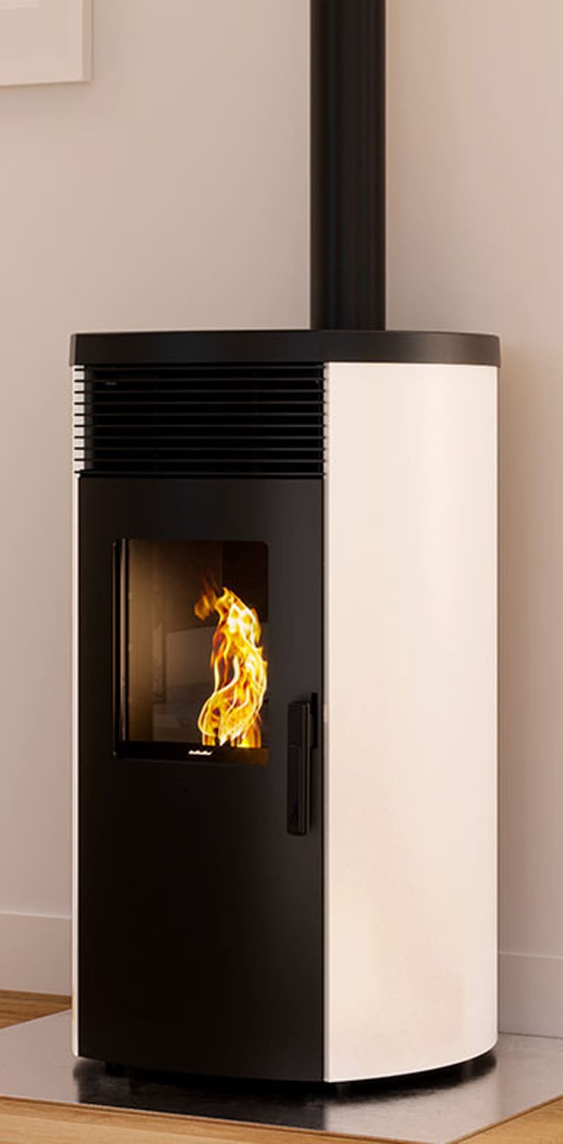 Royal Palazzetti Rondine Air 60 Us Rivestimento Acciaio Top Ghisa Colore Bianco Potenza 6 Kw Stufa Pellet Aria Ventilata Fianchi Arrotondati Uscita Fumi Superiore Canalizza Aria Comburente Esterno Display Sfioro Programma Fasce Orarie Cassetto Braciere