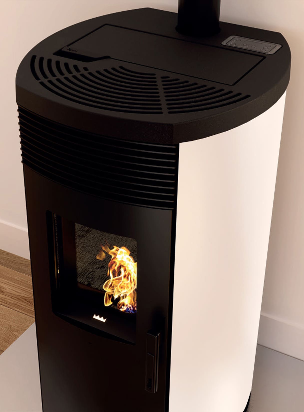 Royal Palazzetti Rondine Air 60 Us Rivestimento Acciaio Top Ghisa Colore Bianco Potenza 6 Kw Stufa Pellet Aria Ventilata Fianchi Arrotondati Uscita Fumi Superiore Canalizza Aria Comburente Esterno Display Sfioro Programma Fasce Orarie Cassetto Braciere