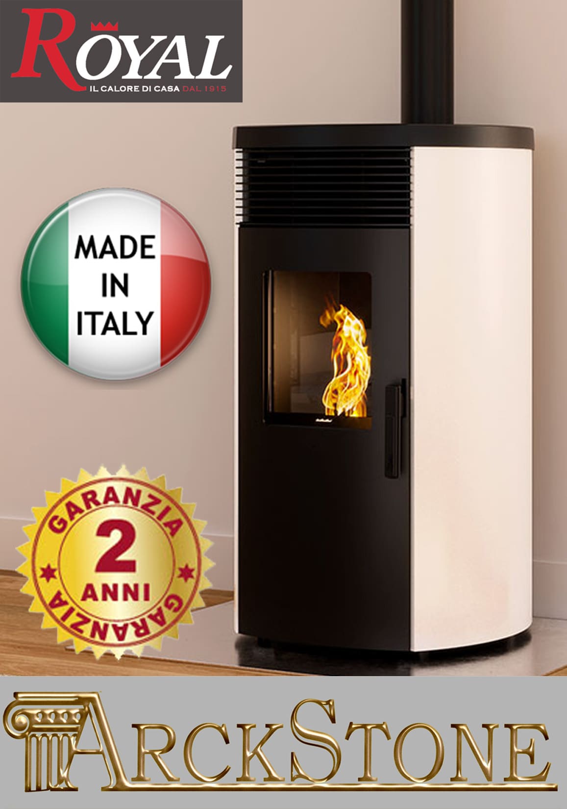 Royal Palazzetti Rondine Air 80 Us Rivestimento Acciaio Top Ghisa Colore Bianco Potenza 8 Kw Stufa Pellet Aria Ventilata Fianchi Arrotondati Uscita Fumi Superiore Canalizza Aria Comburente Esterno Display Sfioro Programma Fasce Orarie Cassetto Braciere