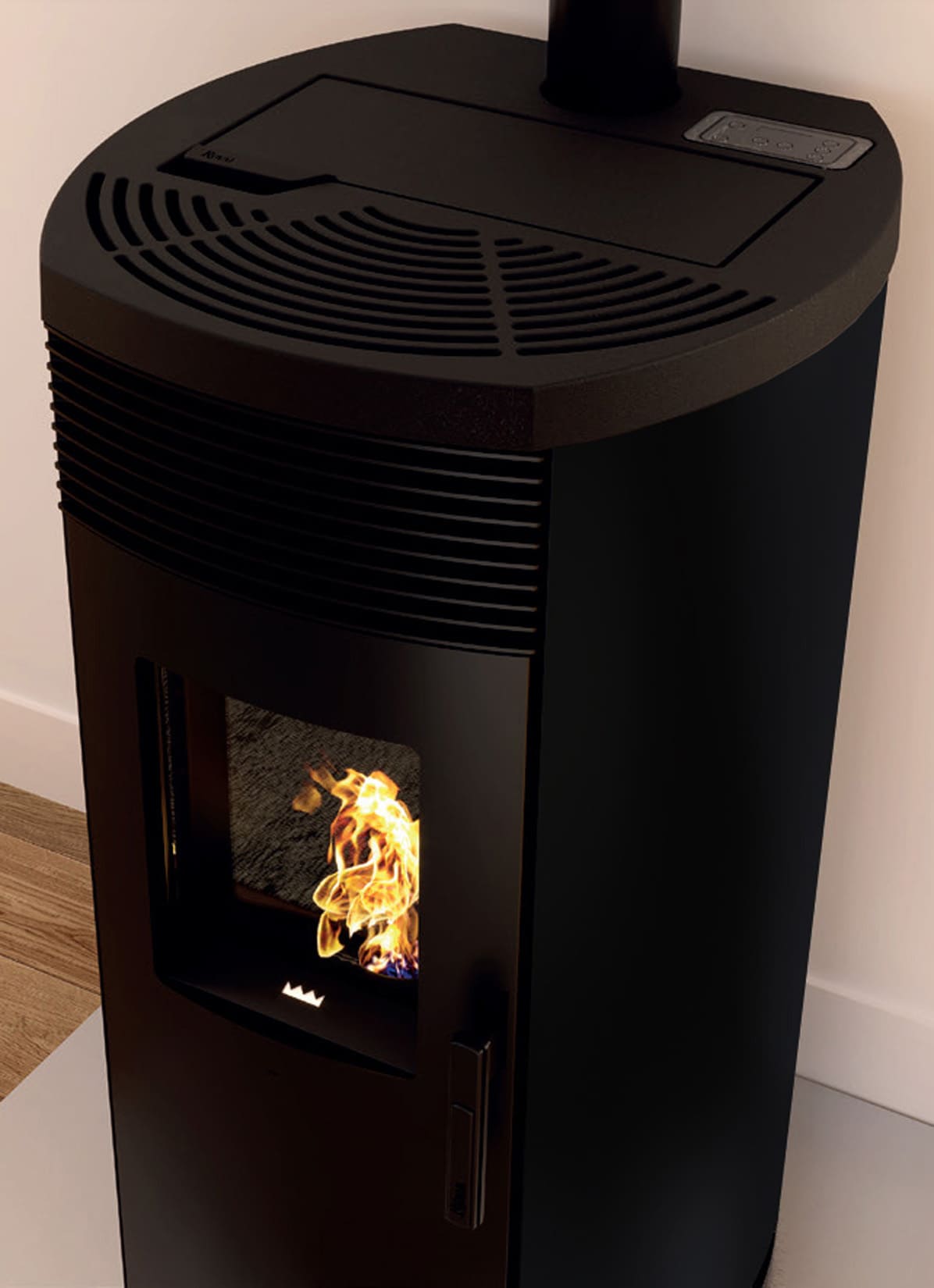 Royal Palazzetti Rondine Air 60 Us Rivestimento Acciaio Top Ghisa Colore Nero Potenza 6 Kw Stufa Pellet Aria Ventilata Fianchi Arrotondati Uscita Fumi Superiore Canalizza Aria Comburente Esterno Display Sfioro Programma Fasce Orarie Cassetto Braciere