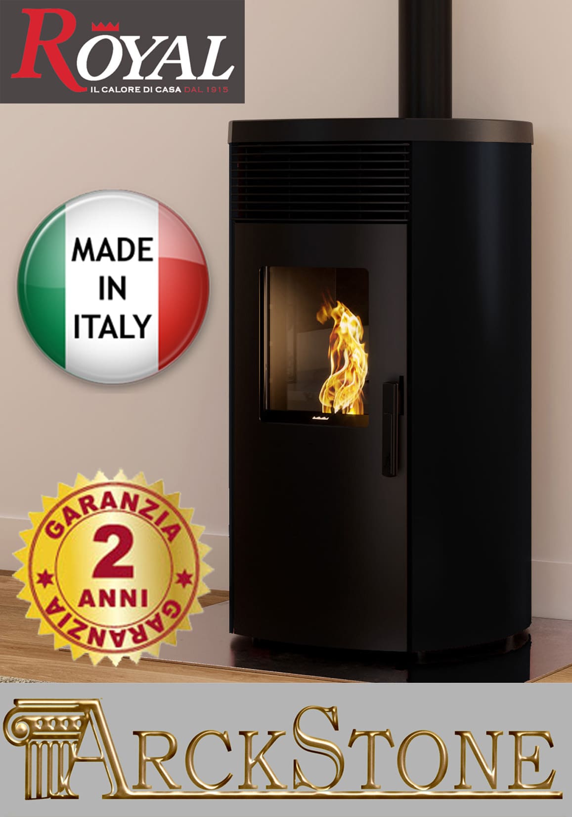 Royal Palazzetti Rondine Air 60 Us Rivestimento Acciaio Top Ghisa Colore Nero Potenza 6 Kw Stufa Pellet Aria Ventilata Fianchi Arrotondati Uscita Fumi Superiore Canalizza Aria Comburente Esterno Display Sfioro Programma Fasce Orarie Cassetto Braciere