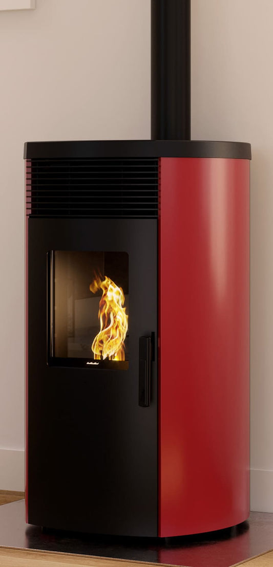 Royal Palazzetti Rondine Air 80 Us Rivestimento Acciaio Top Ghisa Colore Rosso Bordeaux Potenza 8 Kw Stufa Pellet Aria Ventilata Fianchi Arrotondati Uscita Fumi Superiore Canalizza Aria Comburente Esterno Display Sfioro Programma Fasce Orarie Braciere
