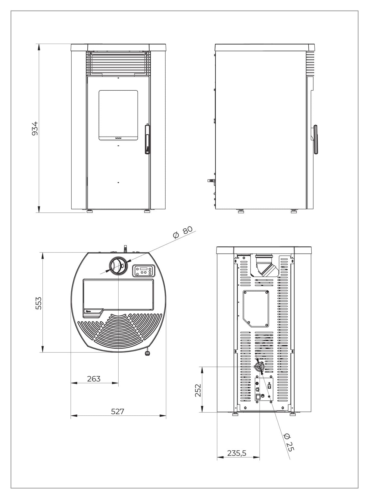Royal Palazzetti Rondine Air 60 Us Rivestimento Acciaio Top Ghisa Colore Nero Potenza 6 Kw Stufa Pellet Aria Ventilata Fianchi Arrotondati Uscita Fumi Superiore Canalizza Aria Comburente Esterno Display Sfioro Programma Fasce Orarie Cassetto Braciere