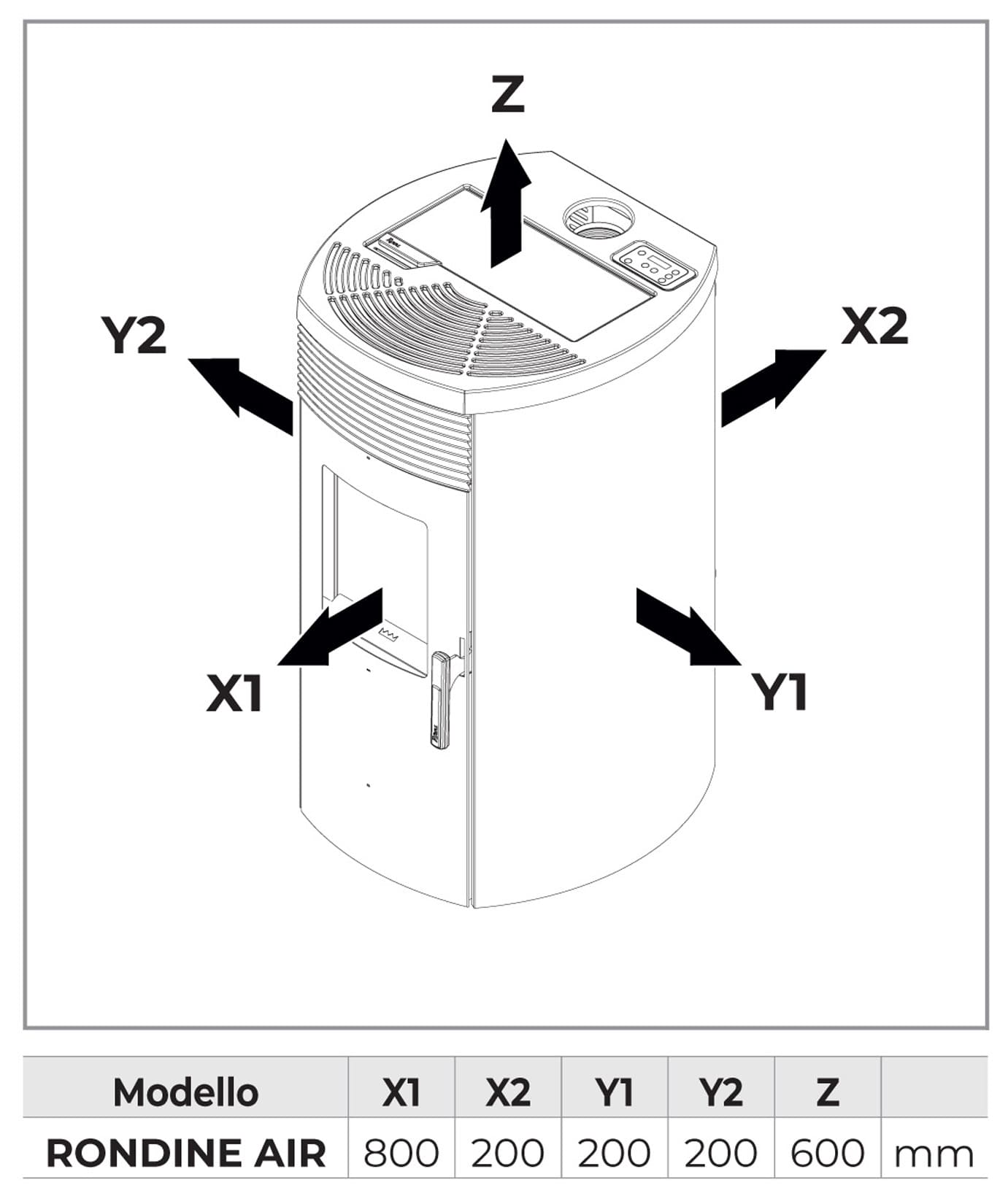 Royal Palazzetti Rondine Air 60 Us Rivestimento Acciaio Top Ghisa Colore Nero Potenza 6 Kw Stufa Pellet Aria Ventilata Fianchi Arrotondati Uscita Fumi Superiore Canalizza Aria Comburente Esterno Display Sfioro Programma Fasce Orarie Cassetto Braciere