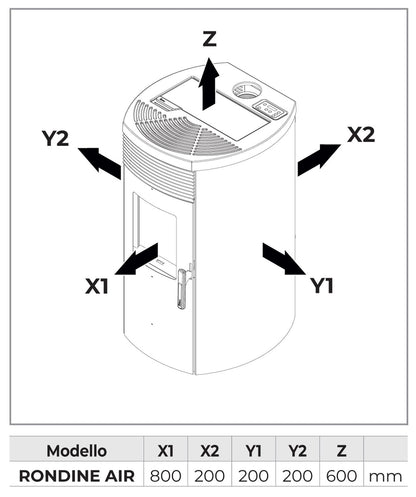 Royal Palazzetti Rondine Air 60 Us Rivestimento Acciaio Top Ghisa Colore Nero Potenza 6 Kw Stufa Pellet Aria Ventilata Fianchi Arrotondati Uscita Fumi Superiore Canalizza Aria Comburente Esterno Display Sfioro Programma Fasce Orarie Cassetto Braciere