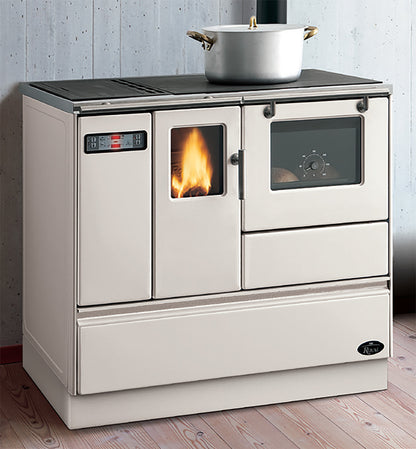 Royal Rosita S Cucina Pellet Aria Calda Ventilata Potenza 8Kw Rivestimento Acciaio Avorio Forno Portina Vetro Ceramico Piano Cottura Ventilatore Centrifugo Caricamento Dall’Alto Predisposta Uscita Fumi Posteriore Superiore Termometro Controllo Temperatura