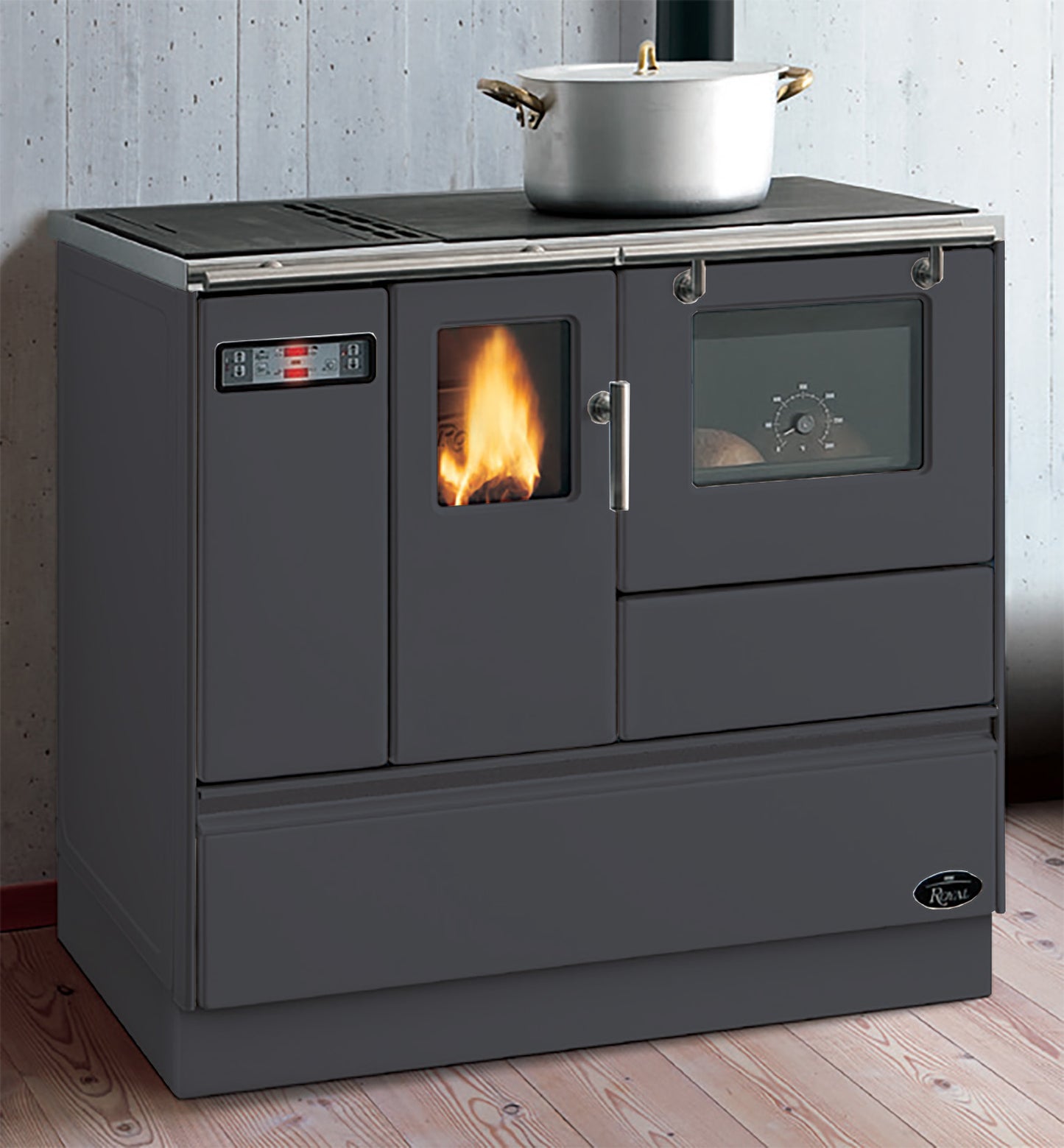 Royal Rosita S Cucina Pellet Aria Calda Ventilata Potenza 8Kw Rivestimento Acciaio Canna Di Fucile Forno Portina Vetro Ceramico Piano Cottura Ventilatore Centrifugo Caricamento Dall’Alto Uscita Fumi Posteriore Superiore Termometro Controllo Temperatura