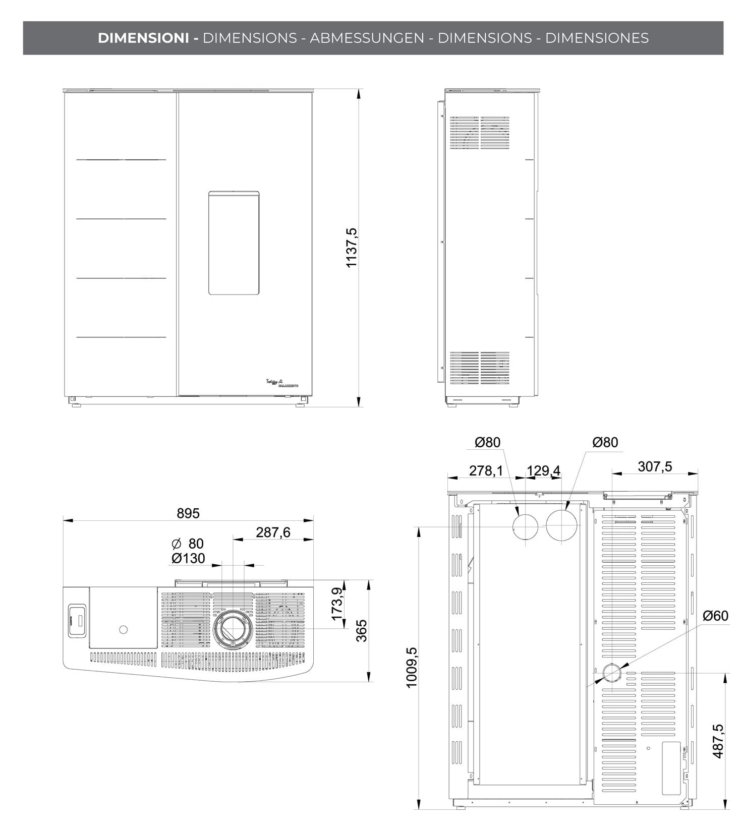 Palazzetti Twiggy 10 US Stufa Pellet Slim Ermetica Aria Ventilata Canalizzata Potenza 10 Kw Rivestimento Acciaio Bianco Uscita Fumi Superiore Coassiale Doppia Porta Vetro Ceramico Pannello Digitale Programma Fasce Orarie Braciere Ghisa Cassetto Cenere