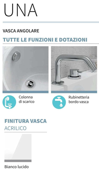 Novellini Una Vasca da Bagno Versione Standard Con Telaio Misura 135x135 H55 cm Forma Esterna Tonda Curva Semicircolare Simmetrica Interna Ovale Installazione Angolare Reversibile Pannello Frontale Colonna Rubinetto Materiale Acrilico Colore Bianco Lucido