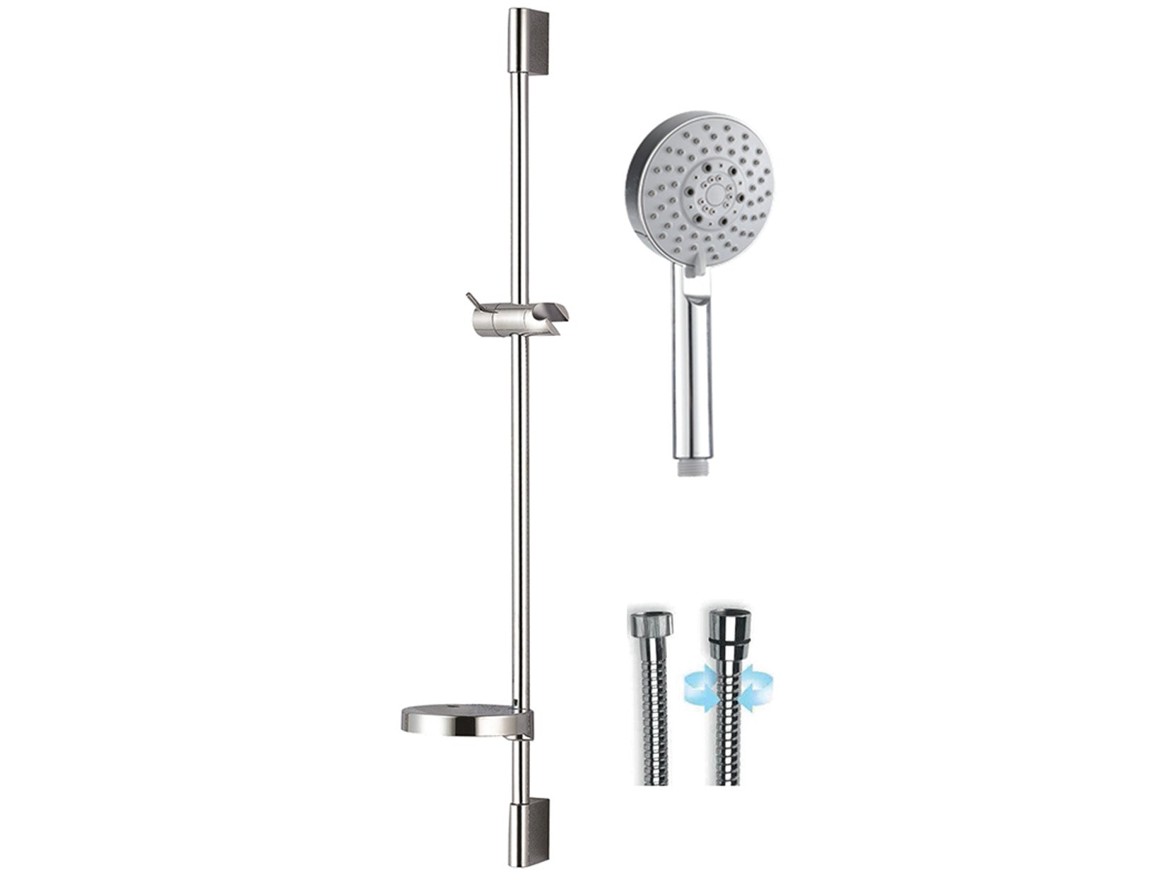 Duemmeggi Trandy Asta Saliscendi In Ottone Ø18 Millimetri Con Supporti Murali E Porta Sapone In ABS Con Flessibile Doppia Aggraffatura E Doccetta Royal Ø110 Tre Getti Anticalcare Finitura Cromata