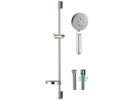 Duemmeggi Trandy Asta Saliscendi In Ottone Ø18 Millimetri Con Supporti Murali E Porta Sapone In ABS Con Flessibile Doppia Aggraffatura E Doccetta Royal Ø110 Tre Getti Anticalcare Finitura Cromata