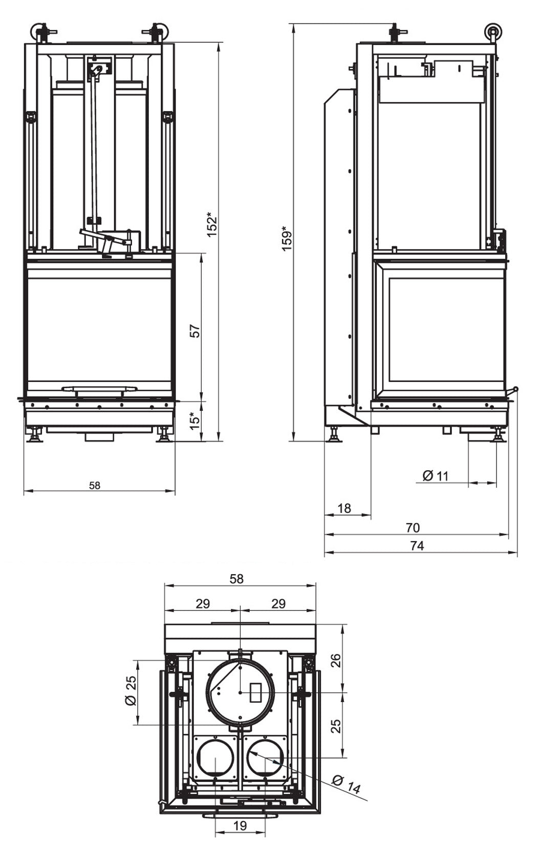 Camino a Legna Chiuso Aria Naturale Canalizzata Palazzetti Ecomonoblocco S66 3D Frontale Magnofix Potenza 18 kW Portina Vetro Ceramico Misura 58x74x159 cm