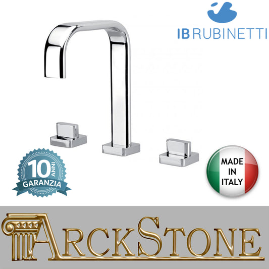 Miscelatore lavabo tre fori bocca bassa completo di piletta di scarico Click-Clack marca IB rubinetti modello SuperBox rubinetteria rubinetto ottone cromato fontana finitura cromo rivenditore autorizzato campania arredamento garanzia 10 anni azienda