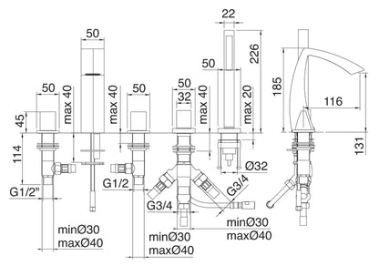 Batteria Bordo Vasca 5 Fori Rubinetterie Treemme Arche' Con Doccetta Estraibile Materiale Ottone Finitura Cromata