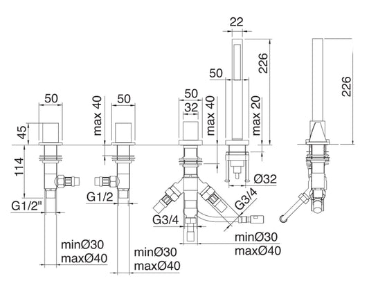Batteria Bordo Vasca Rubinetterie Treemme Arche' Con Doccetta Estraibile Senza Bocca Materiale Ottone Finitura Cromata
