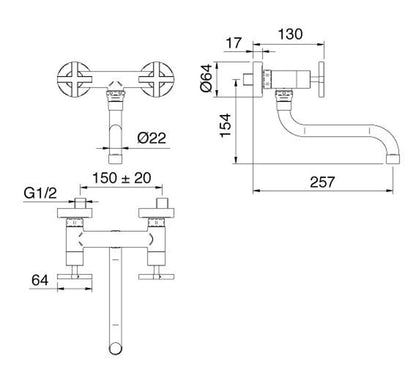Rubinetterie Treemme KITCHEN - DESIGN Miscelatore Gruppo Lavello Cucina A Parete Stile Moderno Con Bocca Girevole Materiale Ottone Finitura Cromata