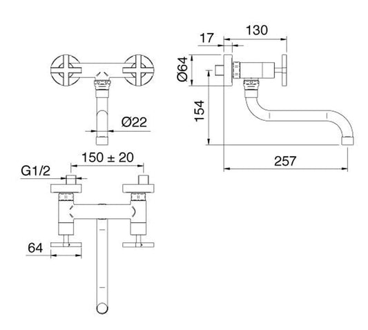 Rubinetterie Treemme KITCHEN - DESIGN Miscelatore Gruppo Lavello Cucina A Parete Stile Moderno Con Bocca Girevole Materiale Ottone Finitura Cromata