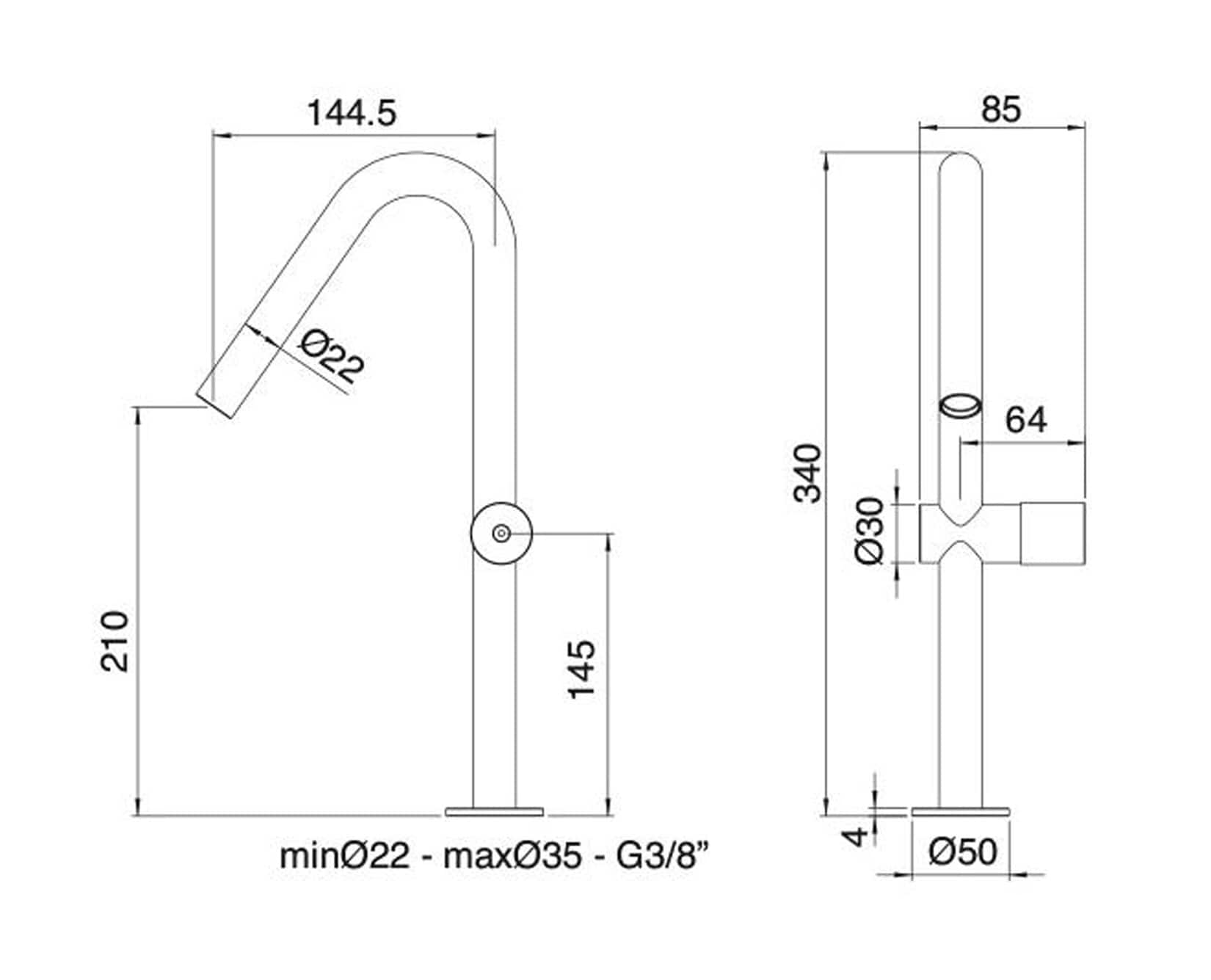 Rubinetterie Treemme 3M 22MM IT 1127 IS 2H ZZ Miscelatore Monocomando Monoforo Appoggio Lavabo 210 mm Senza Piletta di Scarico Altezza 340 mm Stile Moderno Materiale Acciaio Finitura Acciaio Spazzolato Opaco Inox