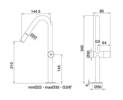 Rubinetterie Treemme 3M 22MM IT 1127 IS 2H ZZ Miscelatore Monocomando Monoforo Appoggio Lavabo 210 mm Senza Piletta di Scarico Altezza 340 mm Stile Moderno Materiale Acciaio Finitura Acciaio Spazzolato Opaco Inox