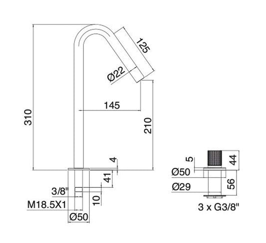 Rubinetterie Treemme 22mm IT 1133 IS 2H ZZ Gruppo Lavello Appoggio Cucina Standard 2 Fori 1 Manopola Stile Moderno Materiale Acciaio Finitura Acciaio Spazzolato Opaco Inox