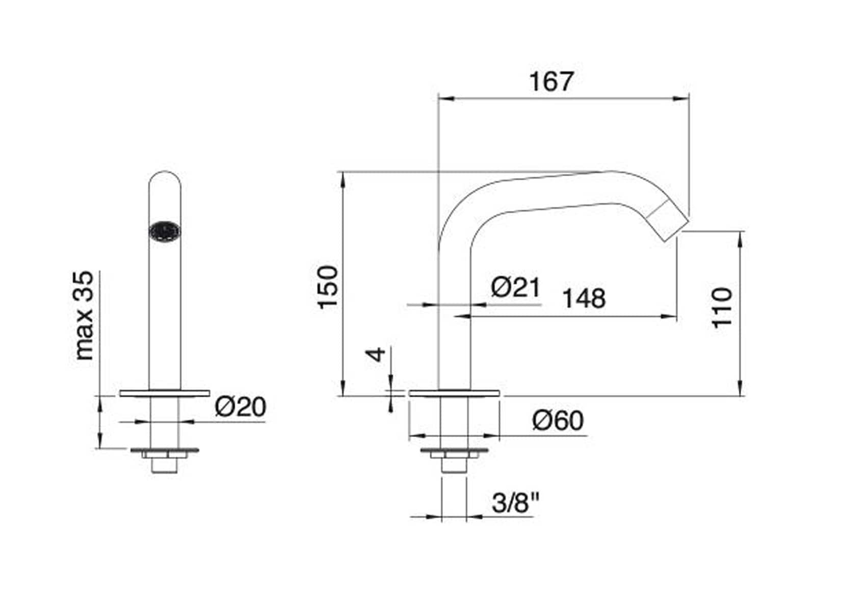 Rubinetterie Treemme 40MM Bocca Getto Erogazione Acqua Lavabo Da Piano 110 mm Stile Moderno Materiale Acciaio Finitura Acciaio Spazzolato Opaco Inox