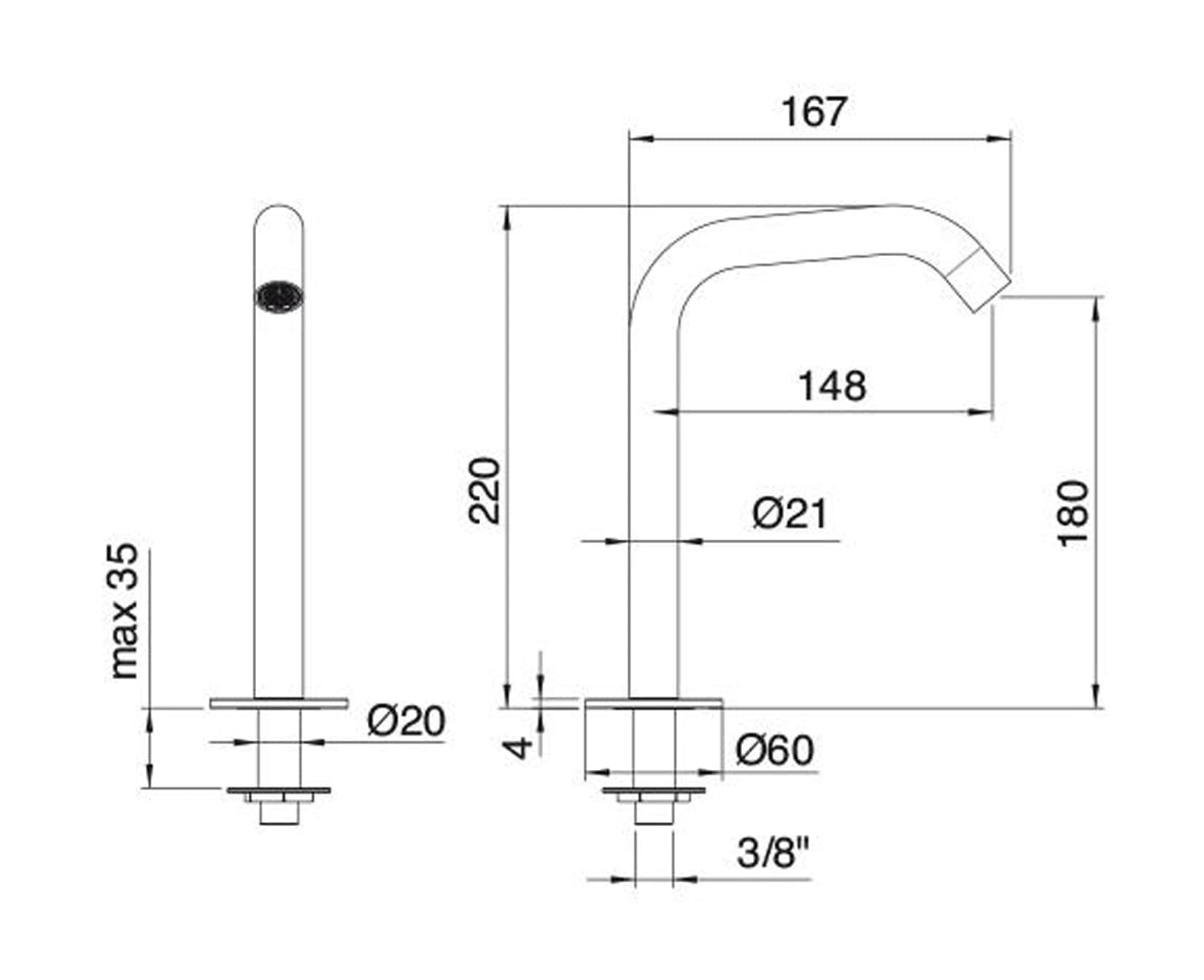 Rubinetterie Treemme 40MM Bocca Getto Erogazione Acqua Lavabo Da Piano 180 mm Stile Moderno Materiale Acciaio Finitura Acciaio Spazzolato Opaco Inox