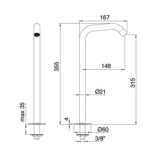 Rubinetterie Treemme 40MM Bocca Getto Erogazione Acqua Lavabo Da Piano 315 mm Stile Moderno Materiale Acciaio Finitura Acciaio Spazzolato Opaco Inox
