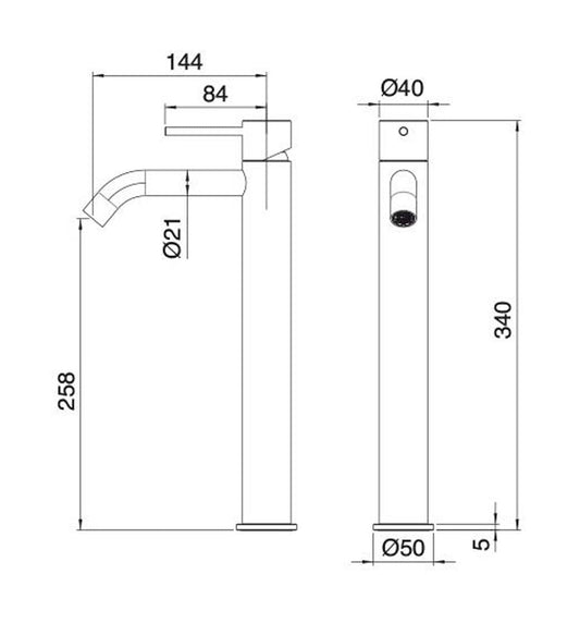 Rubinetterie Treemme 40MM Miscelatore Monocomando Monoforo Appoggio Lavabo 340 mm Stile Moderno Materiale Acciaio Finitura Acciaio Spazzolato Opaco Inox