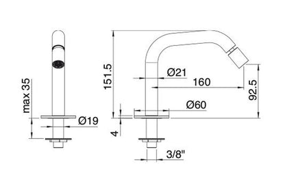 Rubinetterie Treemme 40MM Bocca Getto Erogazione Acqua Bidet Da Piano 160 mm Stile Moderno Materiale Acciaio Finitura Acciaio Spazzolato Opaco Inox