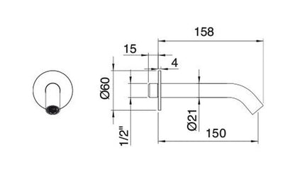 Rubinetterie Treemme 40MM Bocca Getto Erogazione Acqua A Muro 150 mm Stile Moderno Materiale Acciaio Finitura Acciaio Spazzolato Opaco Inox