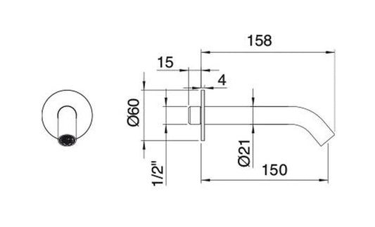 Rubinetterie Treemme 40MM Bocca Getto Erogazione Acqua A Muro 150 mm Stile Moderno Materiale Acciaio Finitura Acciaio Spazzolato Opaco Inox
