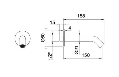 Rubinetterie Treemme 40MM Bocca Getto Erogazione Acqua A Muro 150 mm Per Vasca Stile Moderno Materiale Acciaio Finitura Acciaio Spazzolato Opaco Inox