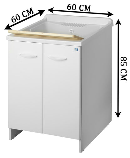Negrari Magica Arredo Lavatoio Misura 60x60 L60 P60 H85CM Bianco Lavapanni Interno Bagno Lavanderia Mobile Nobilitato Idrofugo Legno Vasca Lavabo Lavandino Lavello Resina Plastica Asse Pino Verniciato Sifone Piedi 2 Due Ante Sportelli Arrotondato Battenti