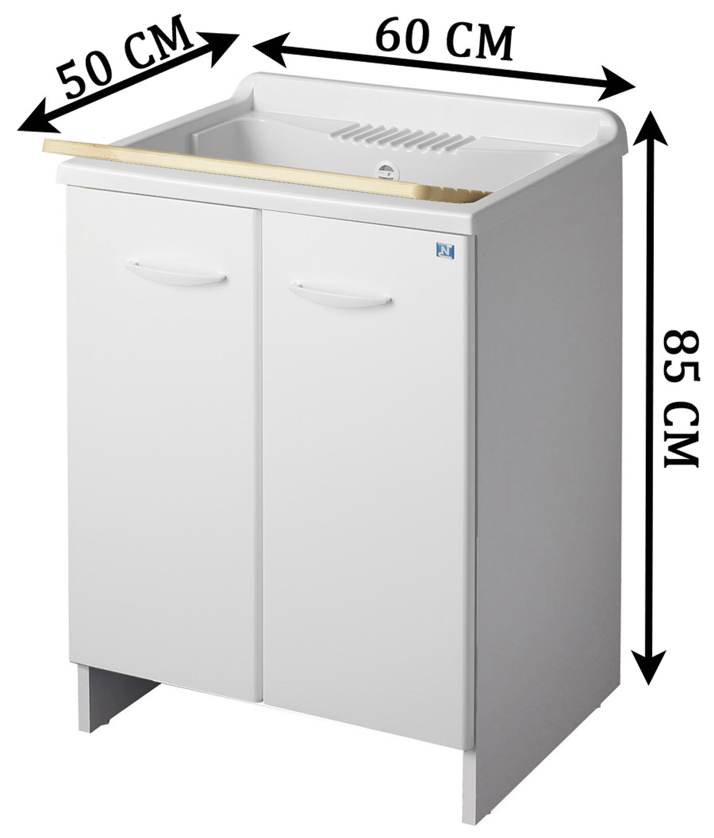 Negrari Magica Arredo Lavatoio Misura 60x50 L60 P50 H85CM Bianco Lavapanni Interno Bagno Lavanderia Mobile Nobilitato Idrofugo Legno Vasca Lavabo Lavandino Lavello Resina Plastica Asse Pino Verniciato Sifone Piedi 2 Due Ante Sportelli Arrotondato Battenti
