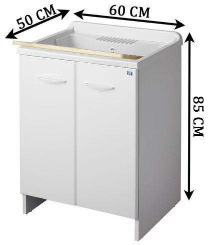 Negrari Magica Arredo Lavatoio Misura 60x50 L60 P50 H85CM Bianco Lavapanni Interno Bagno Lavanderia Mobile Nobilitato Idrofugo Legno Vasca Lavabo Lavandino Lavello Resina Plastica Asse Pino Verniciato Sifone Piedi 2 Due Ante Sportelli Arrotondato Battenti