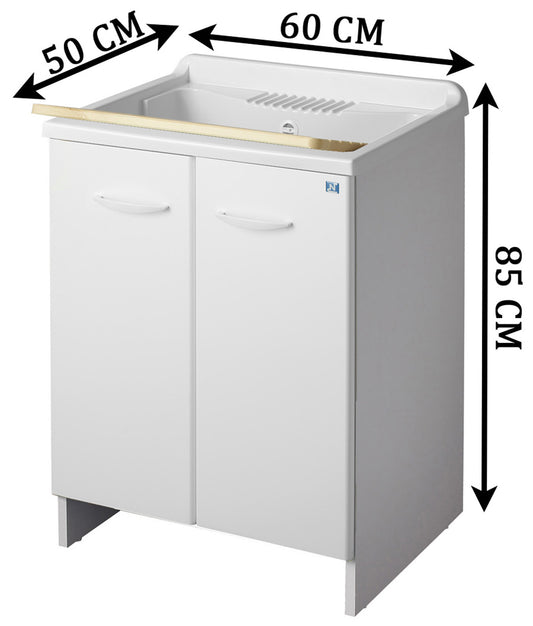 Negrari Magica Arredo Lavatoio Misura 60x50 L60 P50 H85CM Bianco Lavapanni Interno Bagno Lavanderia Mobile Nobilitato Idrofugo Legno Vasca Lavabo Lavandino Lavello Resina Plastica Asse Pino Verniciato Sifone Piedi 2 Due Ante Sportelli Arrotondato Battenti