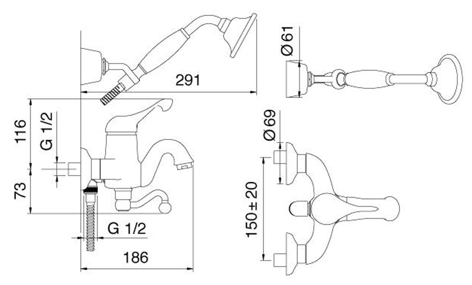 Rubinetterie Treemme PICCADILLY IT 2100 CC PY ZZ Miscelatore Monocomando Esterno Vasca Con Doccetta In Metallo Materiale Ottone Finitura Cromata