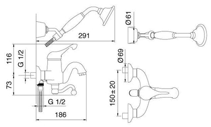 Rubinetterie Treemme PICCADILLY IT 2100 CC PY ZZ Miscelatore Monocomando Esterno Vasca Con Doccetta In Metallo Materiale Ottone Finitura Cromata
