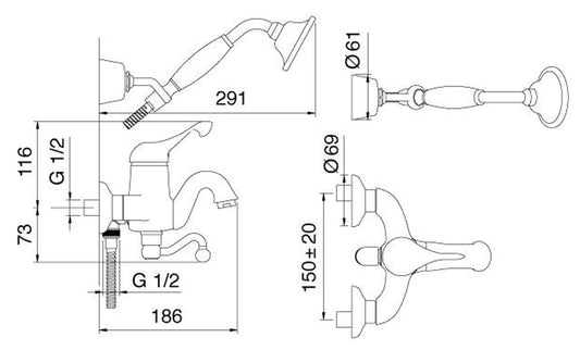 Rubinetterie Treemme PICCADILLY IT 2100 CC PY ZZ Miscelatore Monocomando Esterno Vasca Con Doccetta In Metallo Materiale Ottone Finitura Cromata
