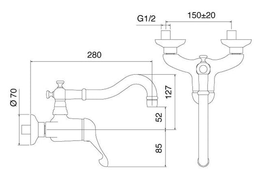 Rubinetterie Treemme KITCHEN - RETRO' Miscelatore Monocomando Lavello Cucina A Parete 2 Fori Stile Classico Con Bocca Girevole Materiale Ottone Finitura Cromata
