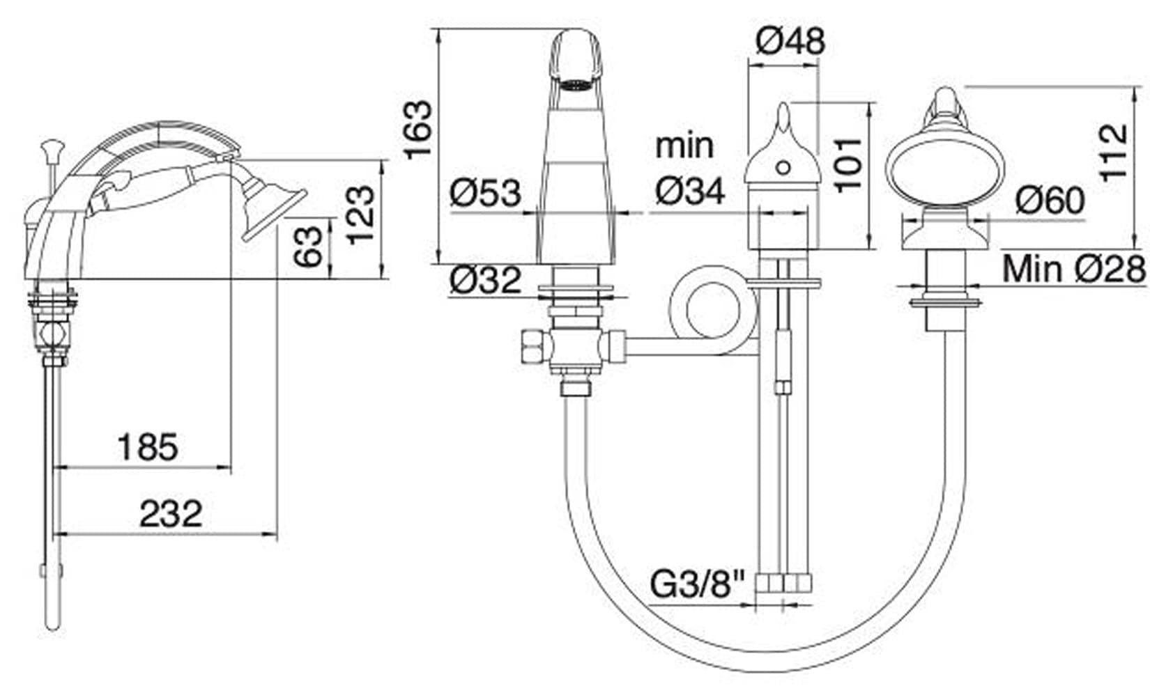 Rubinetterie Treemme PICCADILLY IT 2165 CC PY ZZ Miscelatore Batteria Bordo Vasca Tre Fori Con Doccetta In Metallo Estraibile Materiale Ottone Finitura Cromata