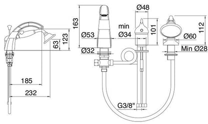 Rubinetterie Treemme PICCADILLY IT 2165 CC PY ZZ Miscelatore Batteria Bordo Vasca Tre Fori Con Doccetta In Metallo Estraibile Materiale Ottone Finitura Cromata