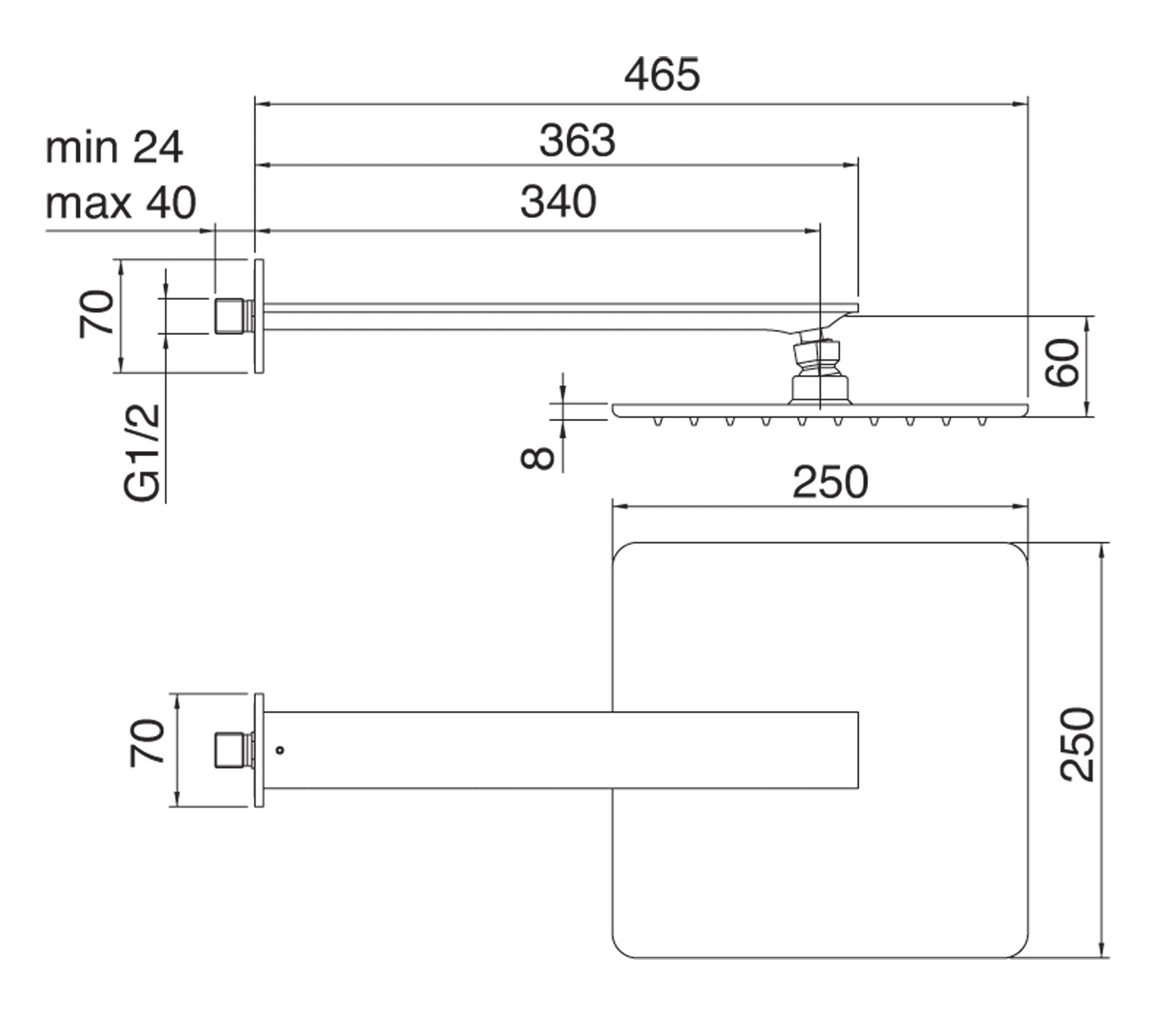 Rubinetterie Treemme Ran Soffione A Parete Quadro In Metallo Anticalcare 250x250 mm con Braccio Doccia Materiale Ottone Lunghezza 363 mm Finitura Cromata