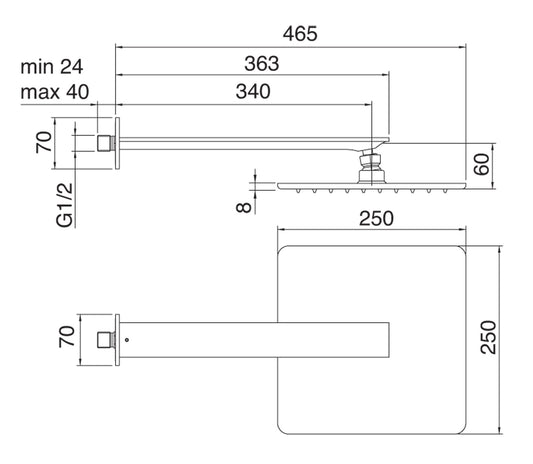 Rubinetterie Treemme Ran Soffione A Parete Quadro In Metallo Anticalcare 250x250 mm con Braccio Doccia Materiale Ottone Lunghezza 363 mm Finitura Cromata