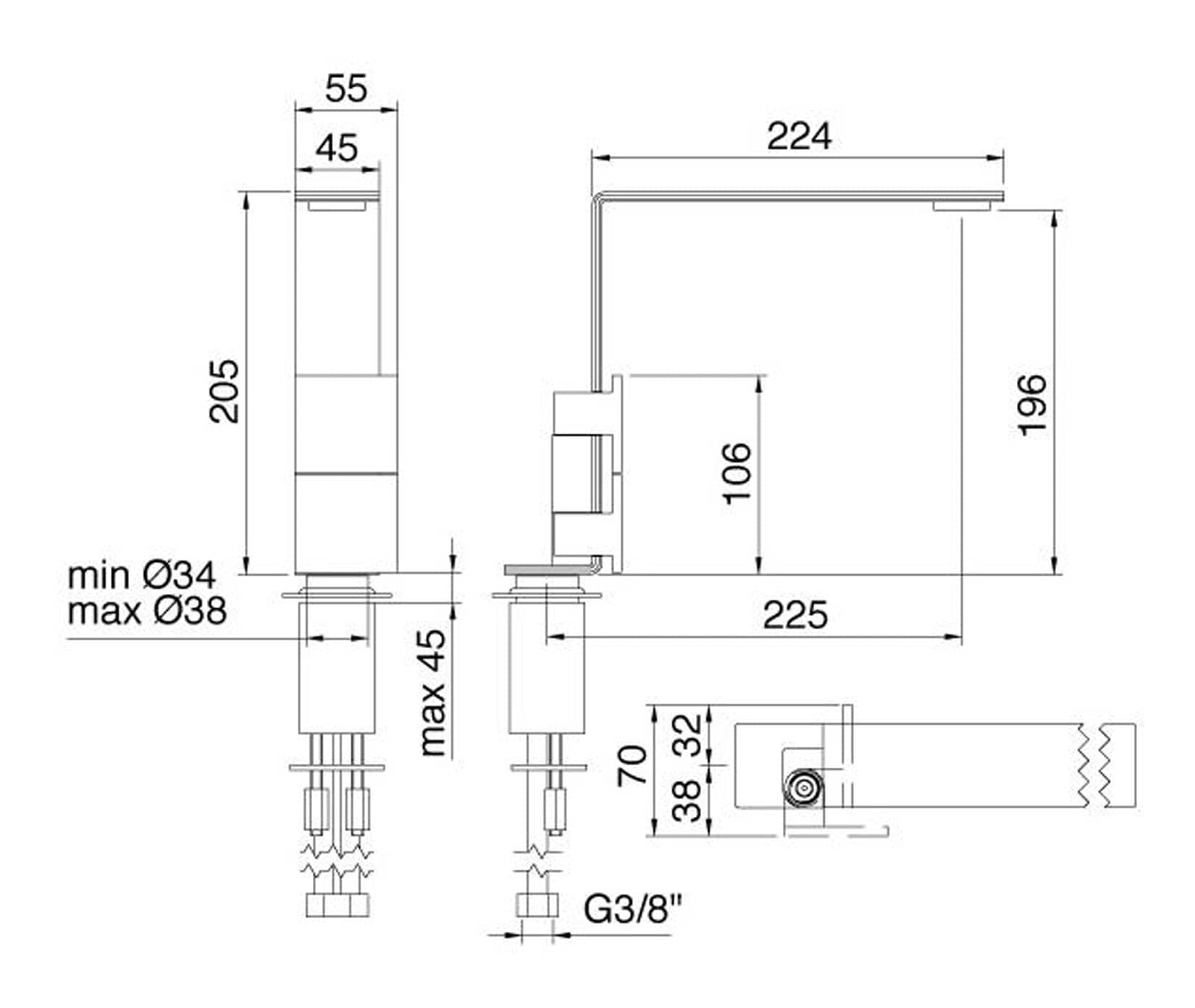 Rubinetterie Treemme 3M 5mm IT 2515 IS 5F ZZ Miscelatore Monoforo Appoggio Lavabo 205 mm Con Areatore Orientabile Stile Moderno Materiale Acciaio Inox Finitura Acciaio Spazzolato Inox