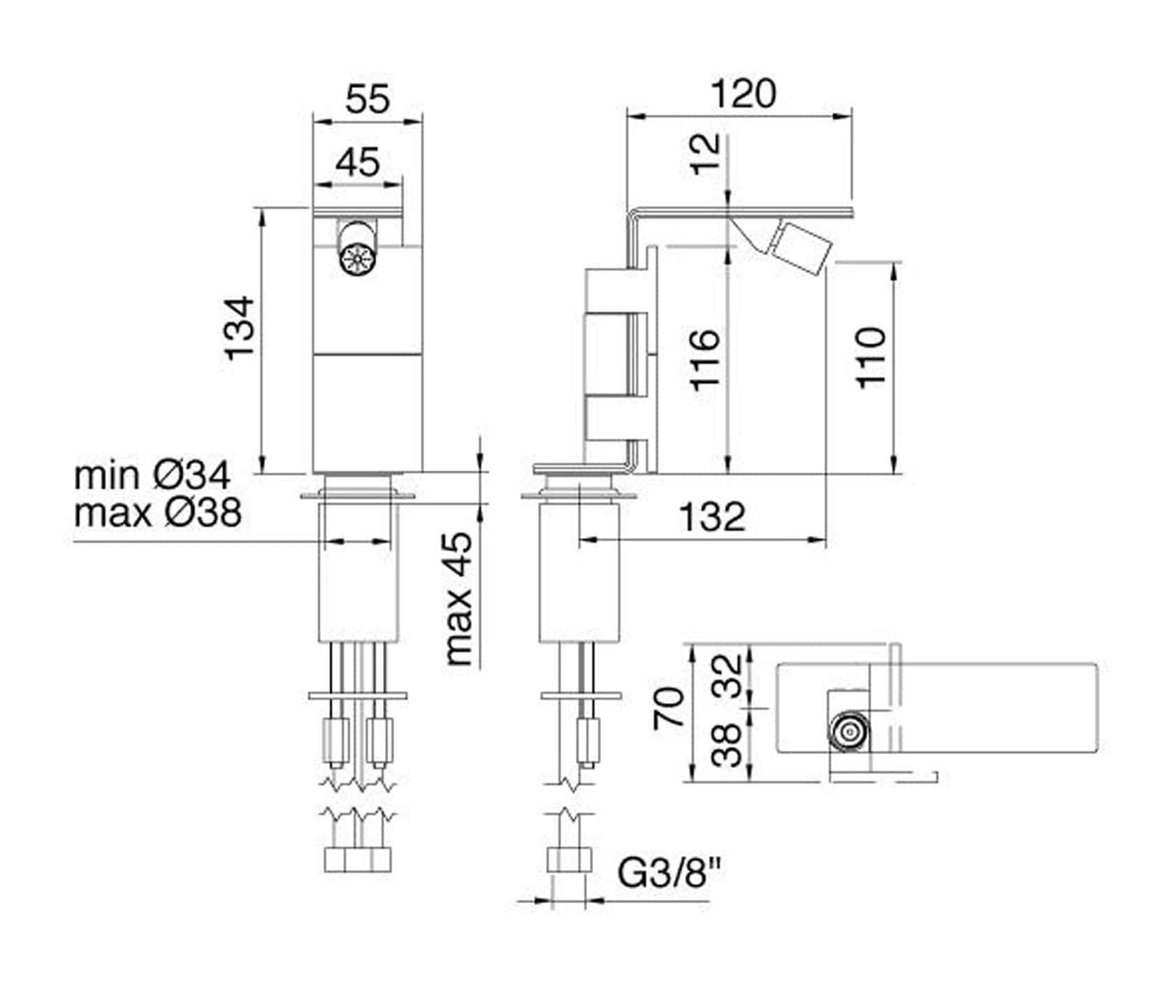 Rubinetterie Treemme 3M 5mm IT 2524 IS 5F ZZ Miscelatore Monoforo Bidet Appoggio Senza Piletta Di Scarico 2 Leve Stile Moderno Materiale Acciaio INOX Finitura Acciaio Spazzolato