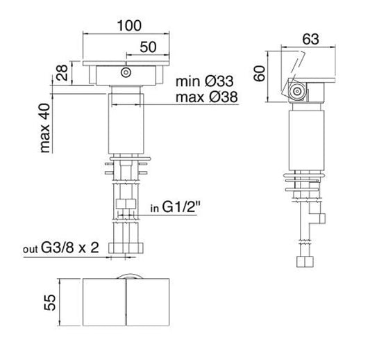 Rubinetterie Treemme 3M 5mm RWIT 2571 IS 01 Gruppo Monoforo Remoto Appoggio Da Piano Per Lavabo Senza Bocca 2 Leve 28 mm Stile Moderno Materiale Acciaio Inox Finitura Acciaio Spazzolato