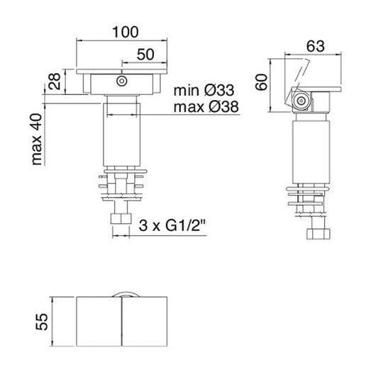 Rubinetterie Treemme 3M 5MM RWIT 2571 IS 10 Gruppo Monoforo Remoto Appoggio Da Piano Per Bordo Vasca Senza Doccetta 2 Leve 28 mm Stile Moderno Senza Bocca Materiale Acciaio INOX Finitura Acciaio Spazzolato