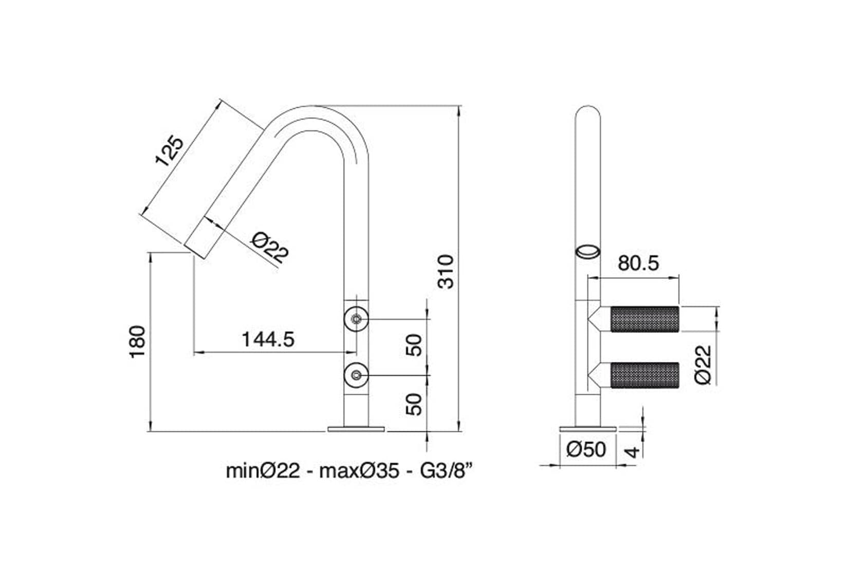 Rubinetterie Treemme 3M 22MM IT 3014 IS 2G ZZ Miscelatore Monoforo Appoggio Lavabo 160 mm 2 Leve a Destra Stile Moderno Senza Piletta di Scarico Altezza 310 mm Materiale Acciaio Finitura Acciaio Spazzolato Opaco Inox