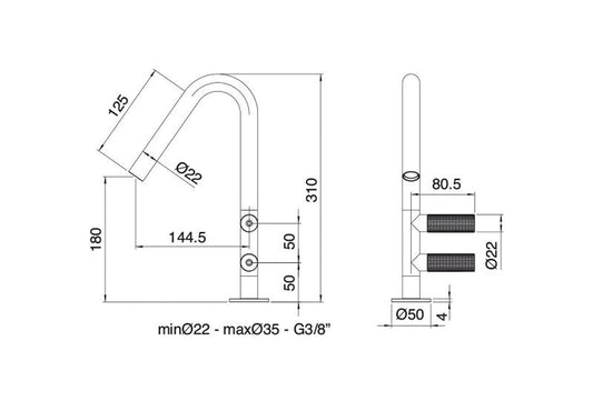 Rubinetterie Treemme 3M 22MM IT 3014 IS 2G ZZ Miscelatore Monoforo Appoggio Lavabo 160 mm 2 Leve a Destra Stile Moderno Senza Piletta di Scarico Altezza 310 mm Materiale Acciaio Finitura Acciaio Spazzolato Opaco Inox